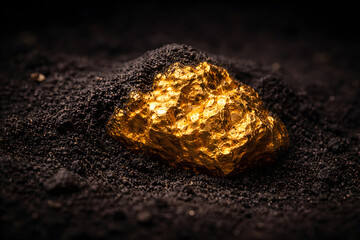 Golden Nugget: A single, radiant nugget of gold rests within a bed of dark earth. Its intricate textures and brilliance create a sense of discovery and untold wealth. 