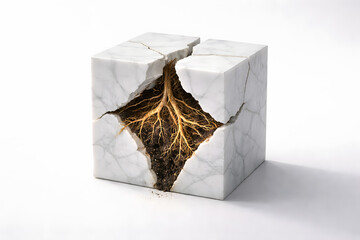 Growth Emerges: A stunning cube art piece made of stone, gracefully fractured to reveal a thriving plant life within, a symbol of growth and the beauty of nature's power.