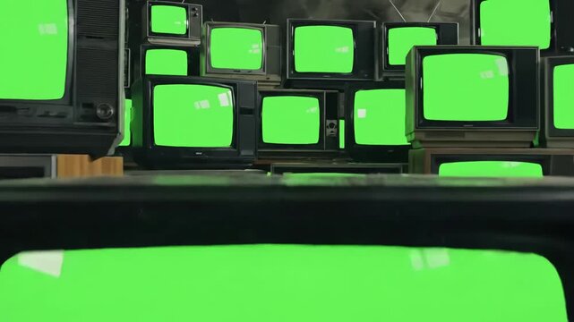 Retro Technology Aesthetic with pile of tvs green screen turning on and off distortion, overlay, glitch, static noise, scan lines black background, 4k animated video loop