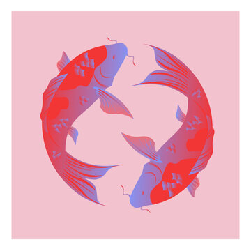 Vector illustration of two koi fish forming a circular composition. Inspired by Japanese symbolism, representing balance, harmony, luck, and prosperity. Flat design with soft gradients