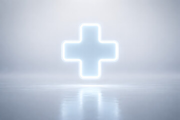 Healthcare Symbol of Hope: A luminous, glowing plus sign radiates on a reflective surface, symbolizing hope, healing, and the essence of medical care.