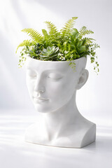 Nature's Thoughtful Display: A striking sculpture of a human head, transformed into a vessel brimming with vibrant greenery, representing the harmonious blend of nature and mind.