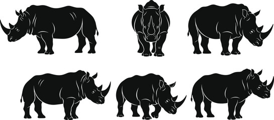 Black rhinoceros silhouettes collection showing multiple side, front and angled views, wildlife animal icon set isolated on white background for conservation, nature, safari design use © MstJakarina