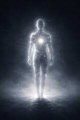 Mystical Being: A luminous, ethereal figure, composed of shimmering particles, stands in a dreamy environment. The artwork evokes a sense of wonder and spirituality. 