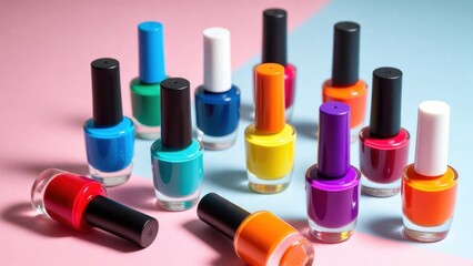 Obraz premium Colorful nail polish bottles on pink and blue background.