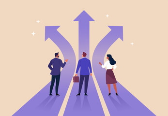 Fototapeta premium Business Direction. Vector illustration of business people standing at crossroads with arrows pointing forward. Concept of choice, strategy, leadership, career decision, planning and future growth.