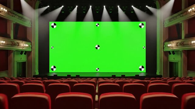 Green Screen Technology with beautiful wide in cinema hall moving through over the seats 3d animation lights and tracking points art concept 4k ultra hd 3840x2160 distortion, overlay, glitch, static
