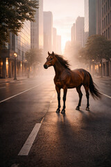 Horse in the Cityscape: A majestic brown horse stands in the middle of an urban street, silhouetted against a cityscape bathed in the soft glow of dawn.