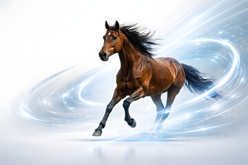 Majestic Gallop: A stunning chestnut horse surges forward with unparalleled speed and grace, showcasing its power and agility amidst a backdrop of ethereal energy.