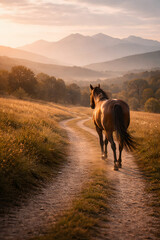 Journey of Solitude: A solitary horse journeys along a winding dirt road through a serene landscape, bathed in the golden light of dawn, with majestic mountains rising in the background.