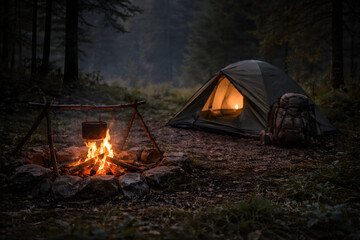 Campfire and Tent: Envision a serene woodland scene at twilight. A cozy tent glows warmly, illuminated by a crackling campfire, evoking a sense of peaceful adventure and outdoor freedom.