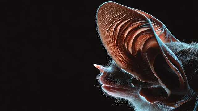Detailed close-up of a bat's ear in the dark