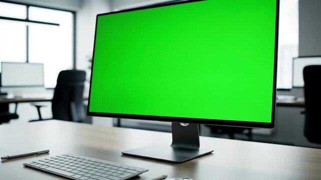 Digital Workspace with close up of monitor in office green screen employee working at computer sitting desk view from back distortion, overlay, glitch, static noise, scan lines on black background, 4k