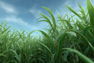 Fototapeta premium Lush green grass stalks sway gently against a cloudy blue sky