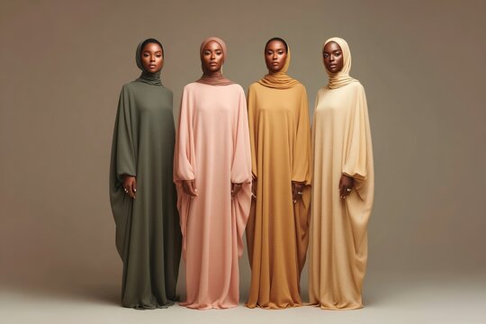 Four women in flowing hijabs and dresses stand together against a neutral background