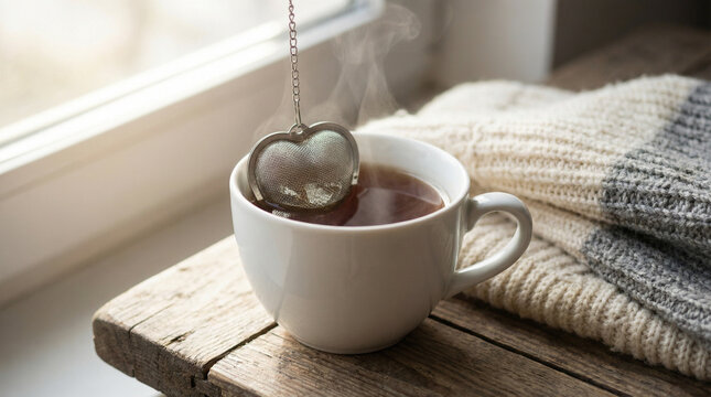 Heart Tea Infuser in Cup Cozy Lifestyle Scene. Heart-shaped tea infuser steeping in white ceramic cup surrounded by cozy blanket and soft natural light