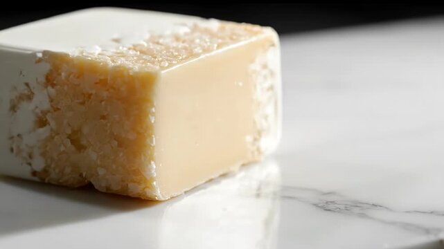 A white block of cheese is slowly unwrapped on a marble surface. The creamy, textured cheese is revealed, ready for culinary use.