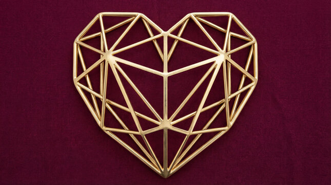 Geometric Heart Wireframe Bold Graphic Symmetry. Modern geometric wireframe heart design in metallic gold against deep burgundy background with perfect symmetry