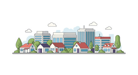 Fototapeta premium Flat illustration of a suburban neighborhood with modern buildings and trees.