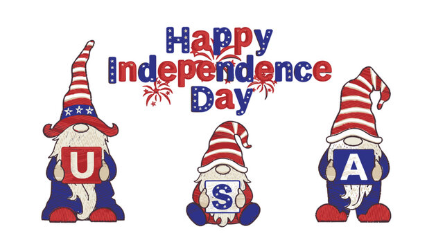 Vector illustration of three patriotic gnomes with 'USA' letters, Happy Independence Day text, for banner or poster