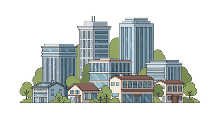 Naklejka premium Modern Cityscape with Diverse Buildings and Greenery