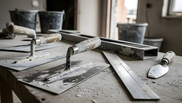 Dusty masonry tools lying on wooden workbench | Close-up of plastering trowels covered in dry cement powder | Construction site equipment for home renovation | Professional finishing tools 