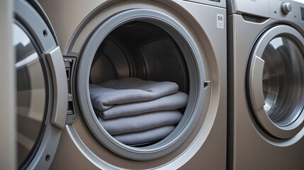 Laundry dryer with neatly folded towels inside, viewed from the front in a utility room setting