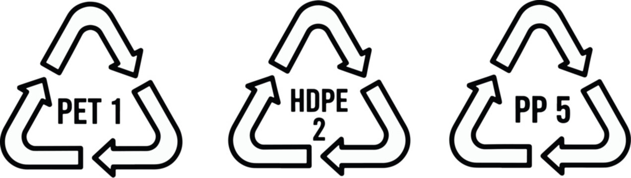 Essential set of plastic resin identification codes (PET 1, HDPE 2, PP 5) inside the universal Mobius loop recycling symbol