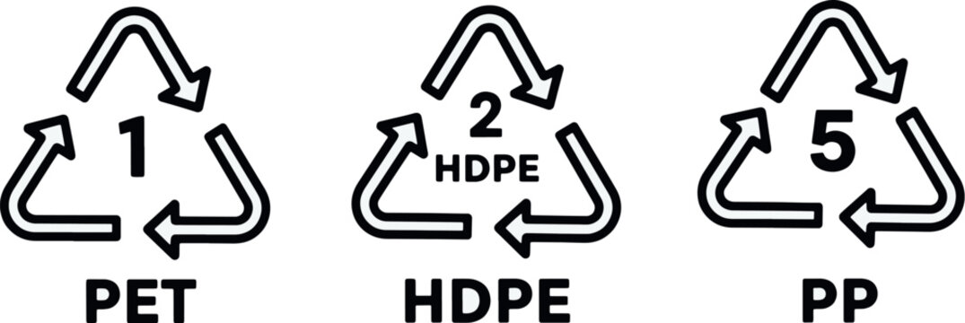 Plastic Resin Recycling Codes (PET 1, HDPE 2, PP 5)