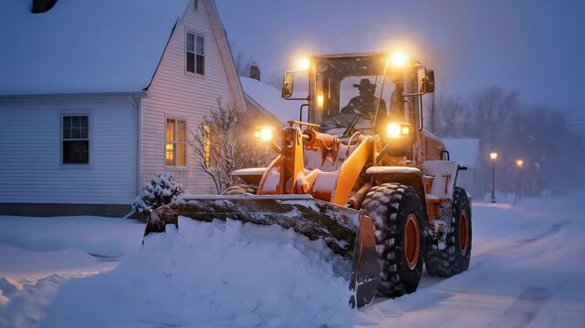 Heavy equipment with bright lights diligently clearing deep snow from a residential street during a winter night.