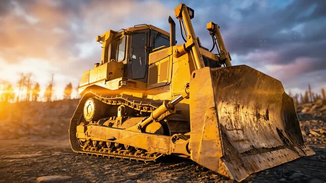 Powerful Yellow Track-Type Tractor on a Rugged Construction Site Under a Dramatic Sunset Sky, Ready for Heavy Work