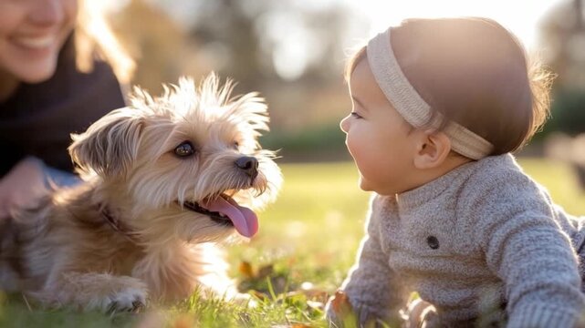 A joyful baby interacts with a playful dog on a sunny day. The bond between children and pets shines brightly in this heartwarming scene. Generative AI