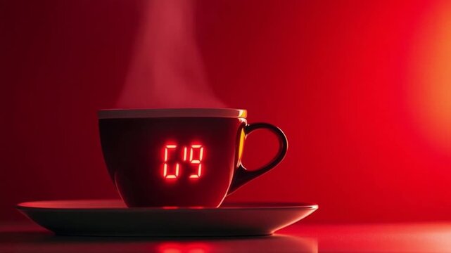 A steaming coffee cup with a digital timer displayed on the front. This captivating footage captures the essence of time and relaxation. Generative AI.