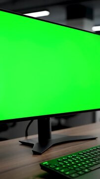 Chroma Key Display with close up of monitor in office green screen employee works on computer types text enters data into the database chromokey distortion, overlay, glitch, static noise, scan lines