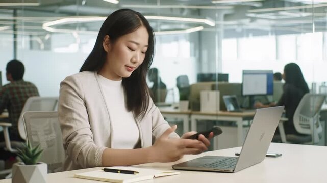 diverse professional in modern business-casual attire uses a laptop and smartphone at a minimalist desk in a bright, soft-lit open-plan office, conveying digital fluency and efficiency. Corporate B2B