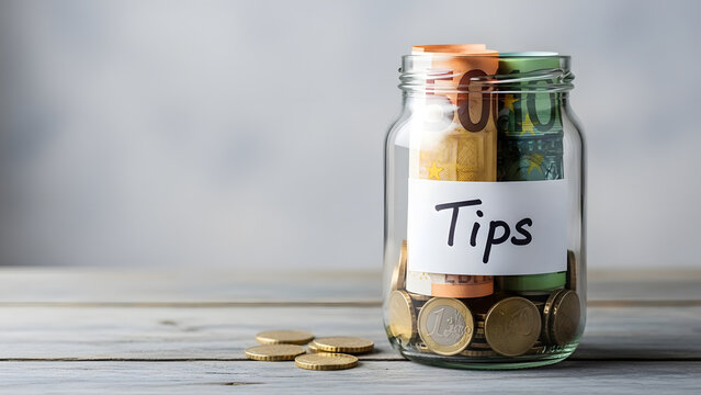 Glass tip jar filled with Euro banknotes and coins on wooden table | Concept of tipping culture and gratuity payments in Europe | Saving money in a jar labeled "Tips" for service workers 