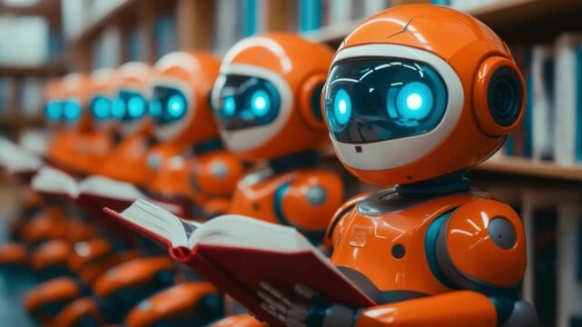 A futuristic scene with reading robots in a library. These orange robots engage with books. Each robot has glowing blue eyes. Discover the future of learning. Generative AI
