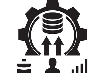 Fototapeta premium Database management icon with gear and upload arrows, server stack and analytics bars, user silhouette, black and white flat vector symbol for IT administration