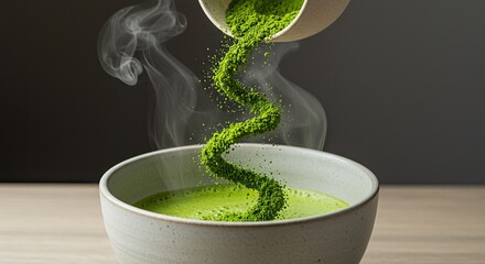 Green matcha powder being poured into a ceramic bowl creating a swirl