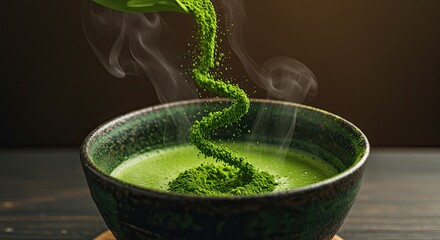 Green matcha powder falling into bowl with green liquid drink close up