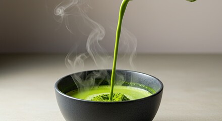 Green matcha tea poured into a black bowl with steam rising