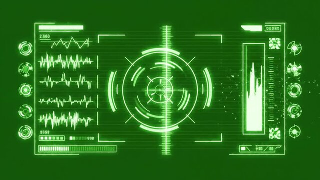 Weapon System Status Overlay with green hud interface motion graphic element distortion, screen overlay, glitch, static noise, scan lines on black background, 4k animated video loop