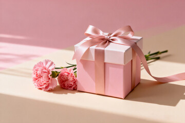 Pink roses and gift box on table, soft pink background, romantic theme, minimalist