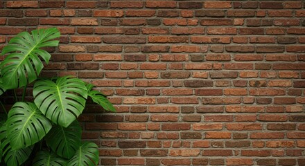 Green monstera leaves on a textured red brick wall background