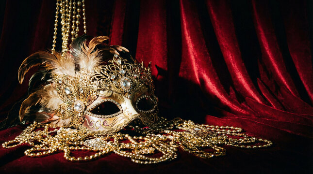 Dramatic Venetian Carnival Mask with Scattered Gold Beads. Artistic side-lit still life of ornate carnival mask surrounded by sparkling gold beads, deep shadows, rich velvet backdrop