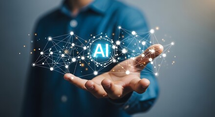 Touch screen AI technology with data particles, artificial intelligence and futuristic interface