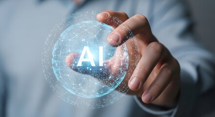 AI digital sphere hologram in human hand, artificial intelligence and futuristic technology concept
