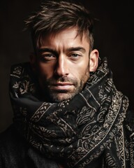 Fototapeta premium Intense Portrait of a Man with a Scarf Against a Dark Background.