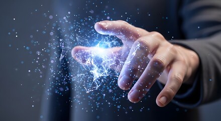 Futuristic virtual data interface with glowing particles and digital interaction concept