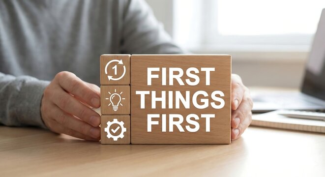 Business concept of first things first. Person holding wooden blocks with icons sees the inscription FIRST THINGS FIRST. businessman holding a contract